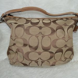 Coach F13082 Tan Signature Jacquard Hobo Bag Used